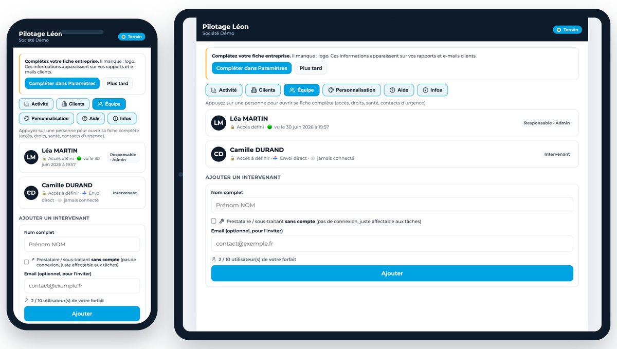 Gestion de l'équipe et messagerie dans Léon (données de démonstration)