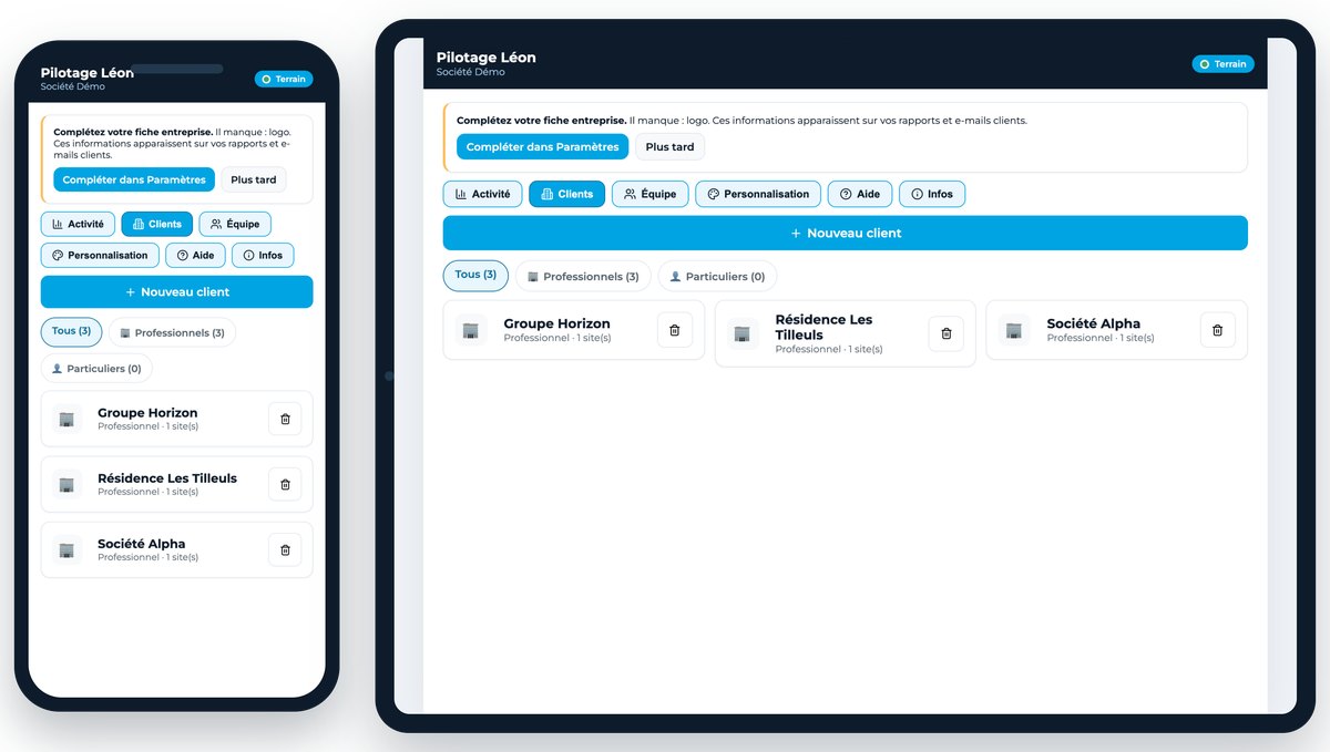 Fiches clients et sites dans Léon