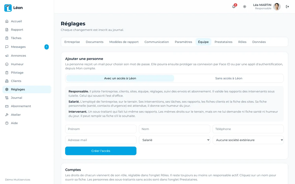 L’équipe et ses rôles dans Léon (données de démonstration)