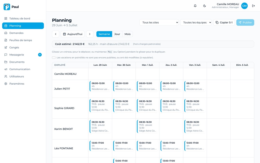Aperçu du planning d'équipe dans l'application Paul (données de démonstration)